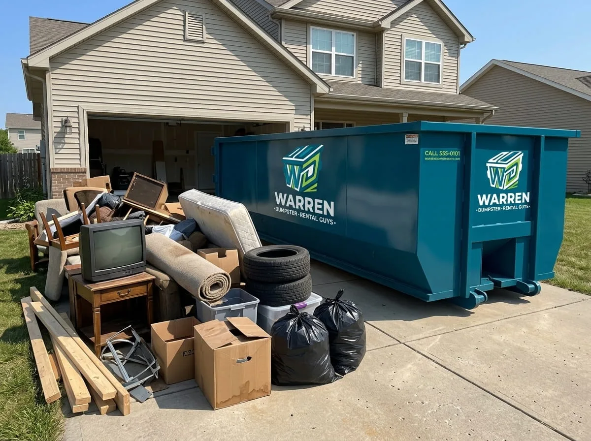 Residential roll-off dumpster on a Warren driveway